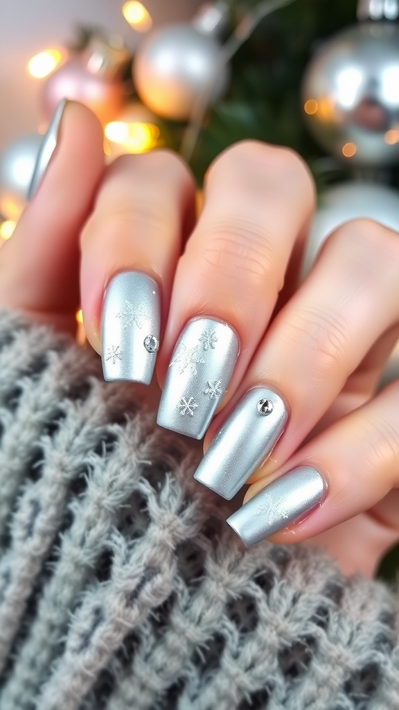 Silver Christmas nail art with snowflakes and rhinestones on a festive background.